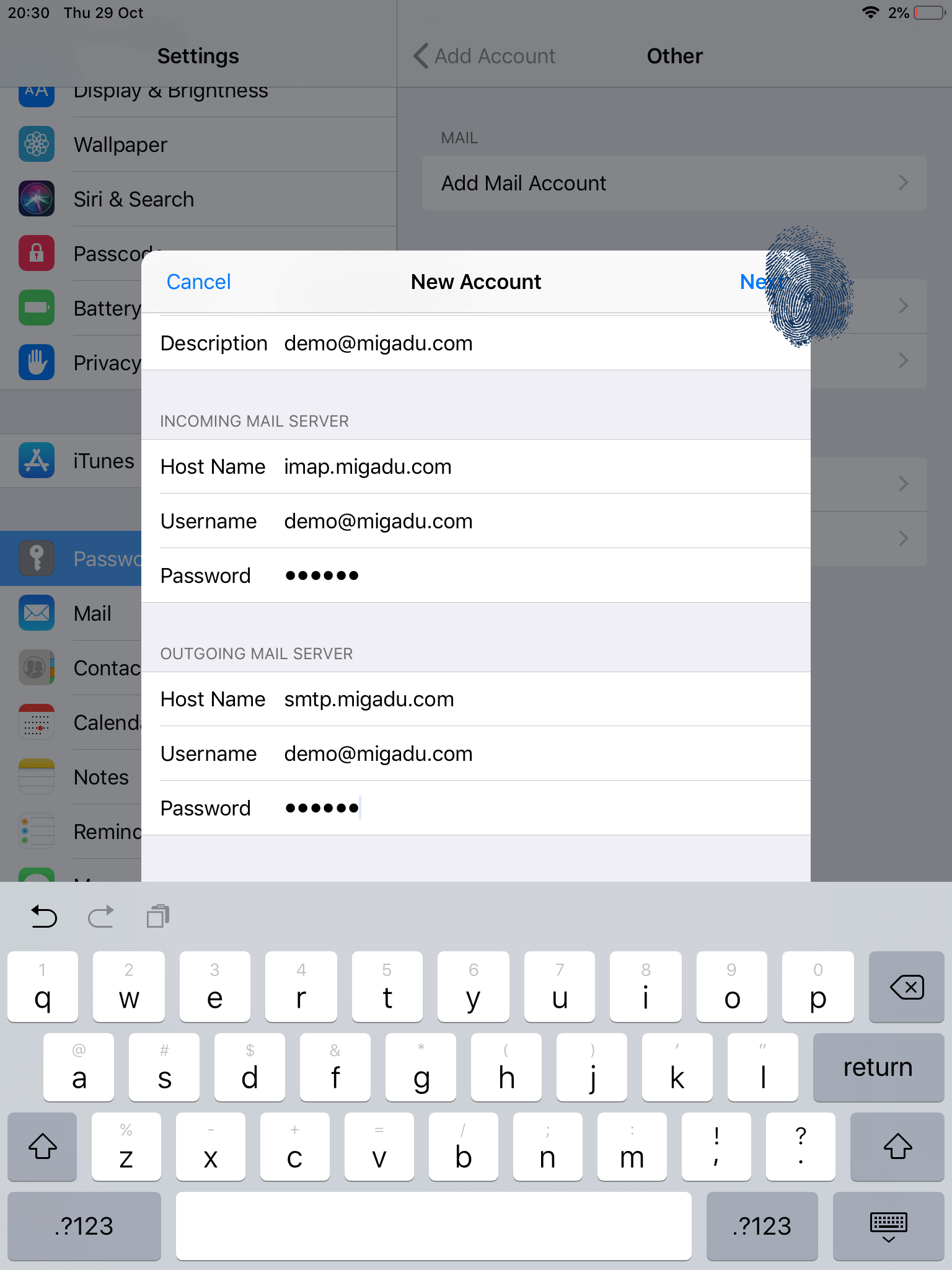 Apple Mail new IMAP account servers details 2