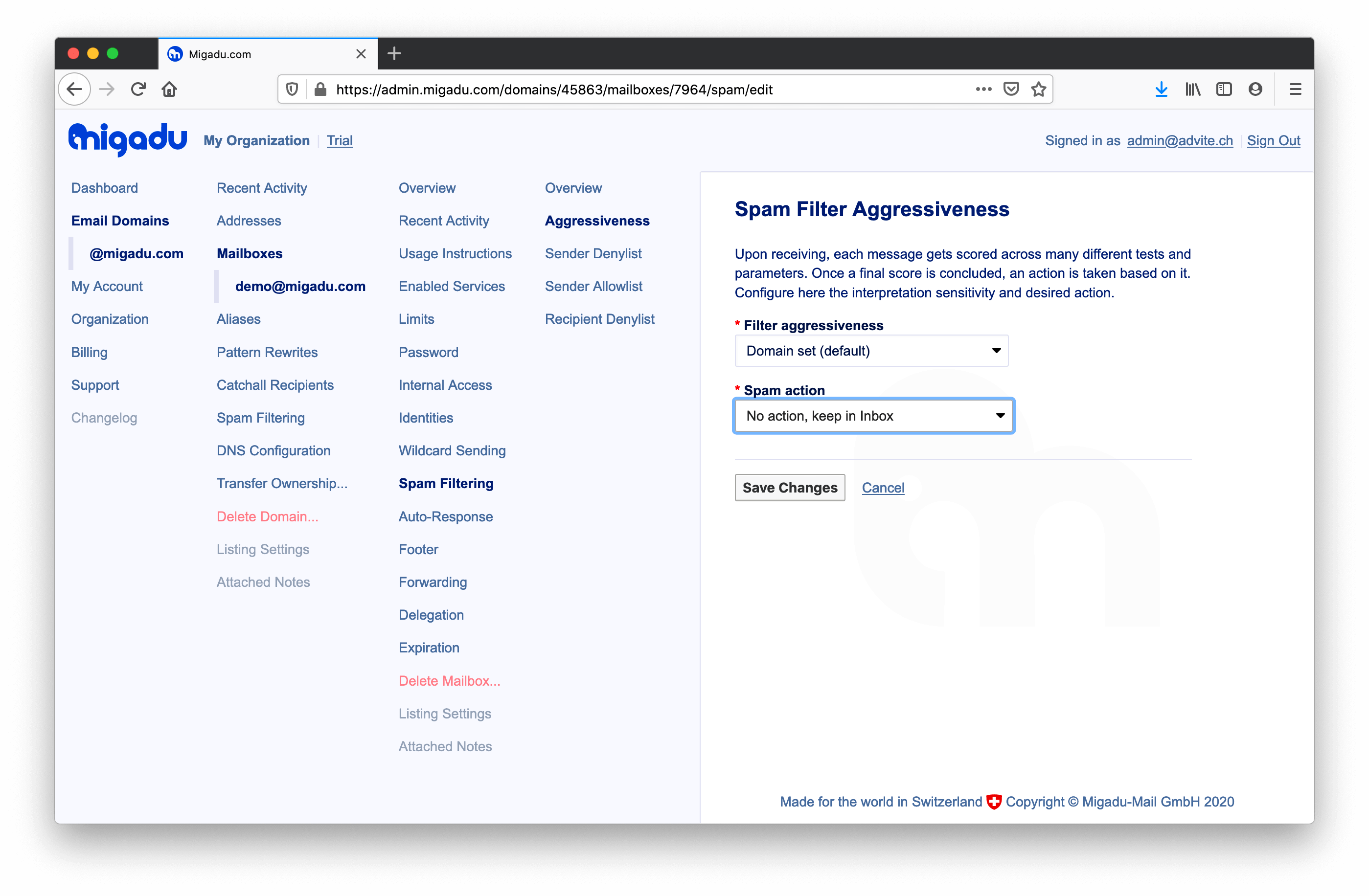 Migadu mailbox spam filter settings